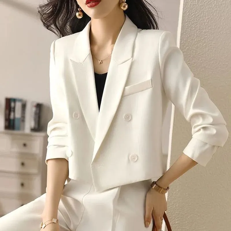 Women's Cropped Double-Breasted Blazer – Vintage Long Sleeve Office Suit Jacket