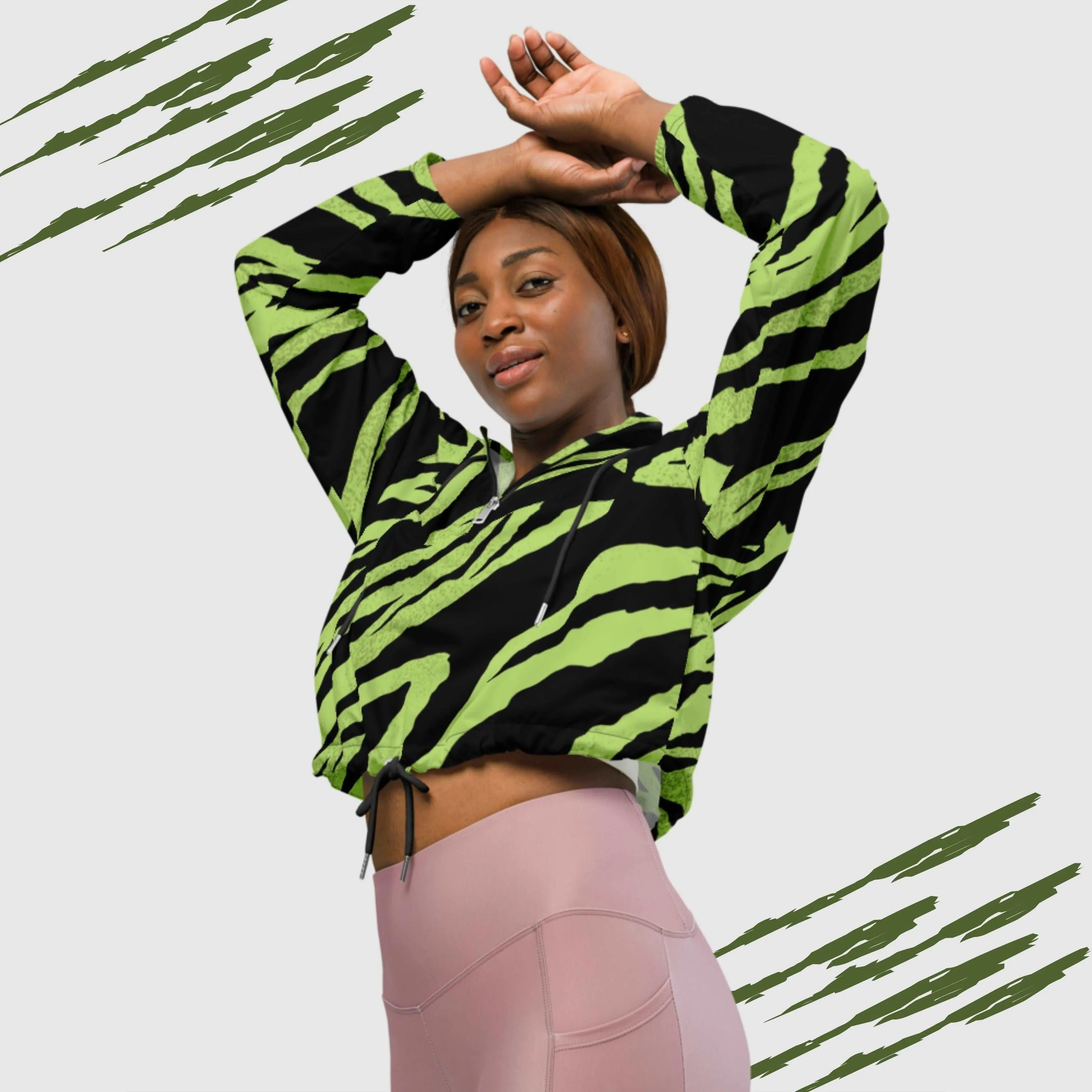 Women’s Green Tiger Pattern Cropped Windbreaker