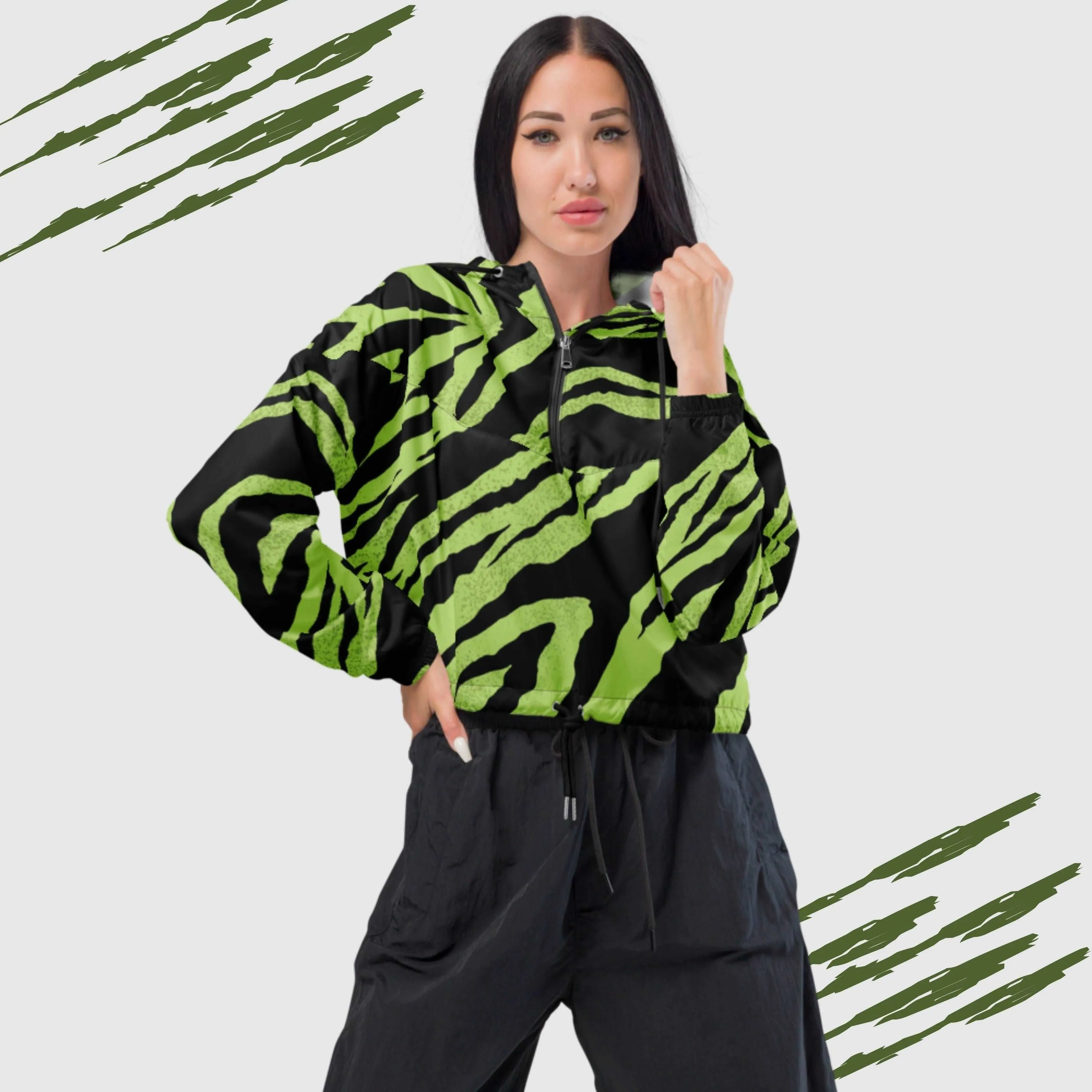 Women’s Green Tiger Pattern Cropped Windbreaker