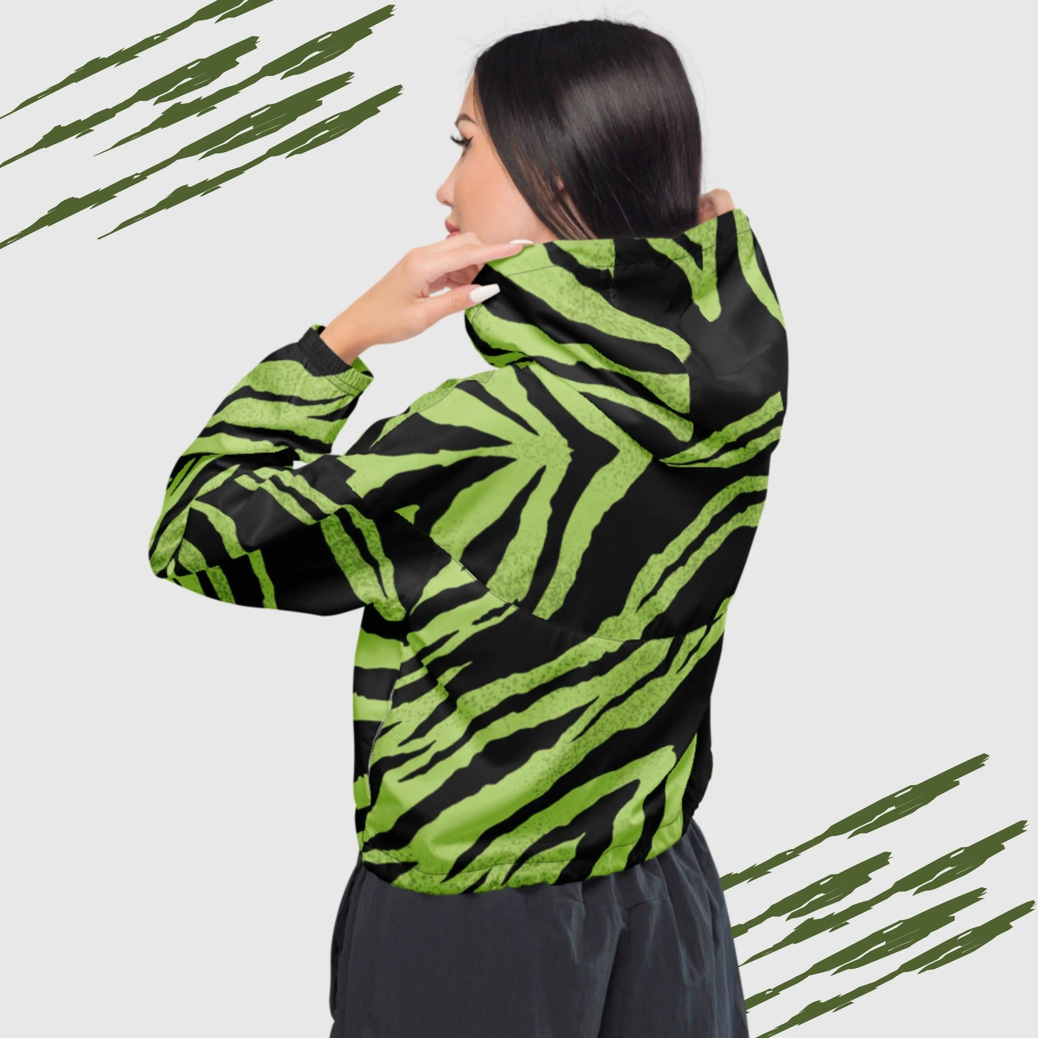 Women’s Green Tiger Pattern Cropped Windbreaker