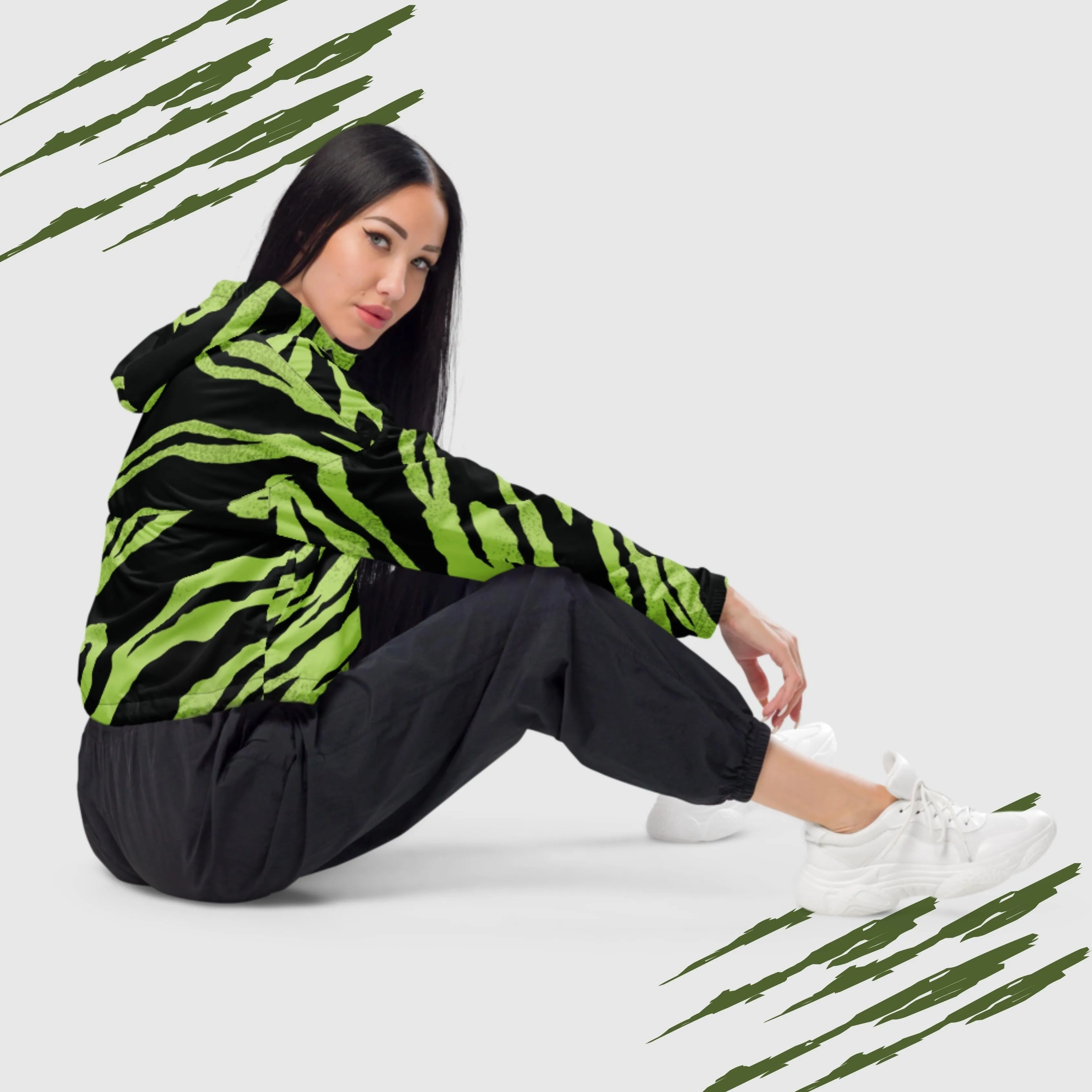 Women’s Green Tiger Pattern Cropped Windbreaker