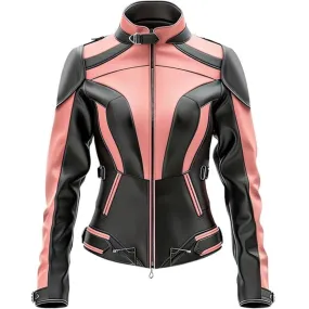 Women's Pink-Black Paneled Genuine Sheepskin Biker Leather Jacket