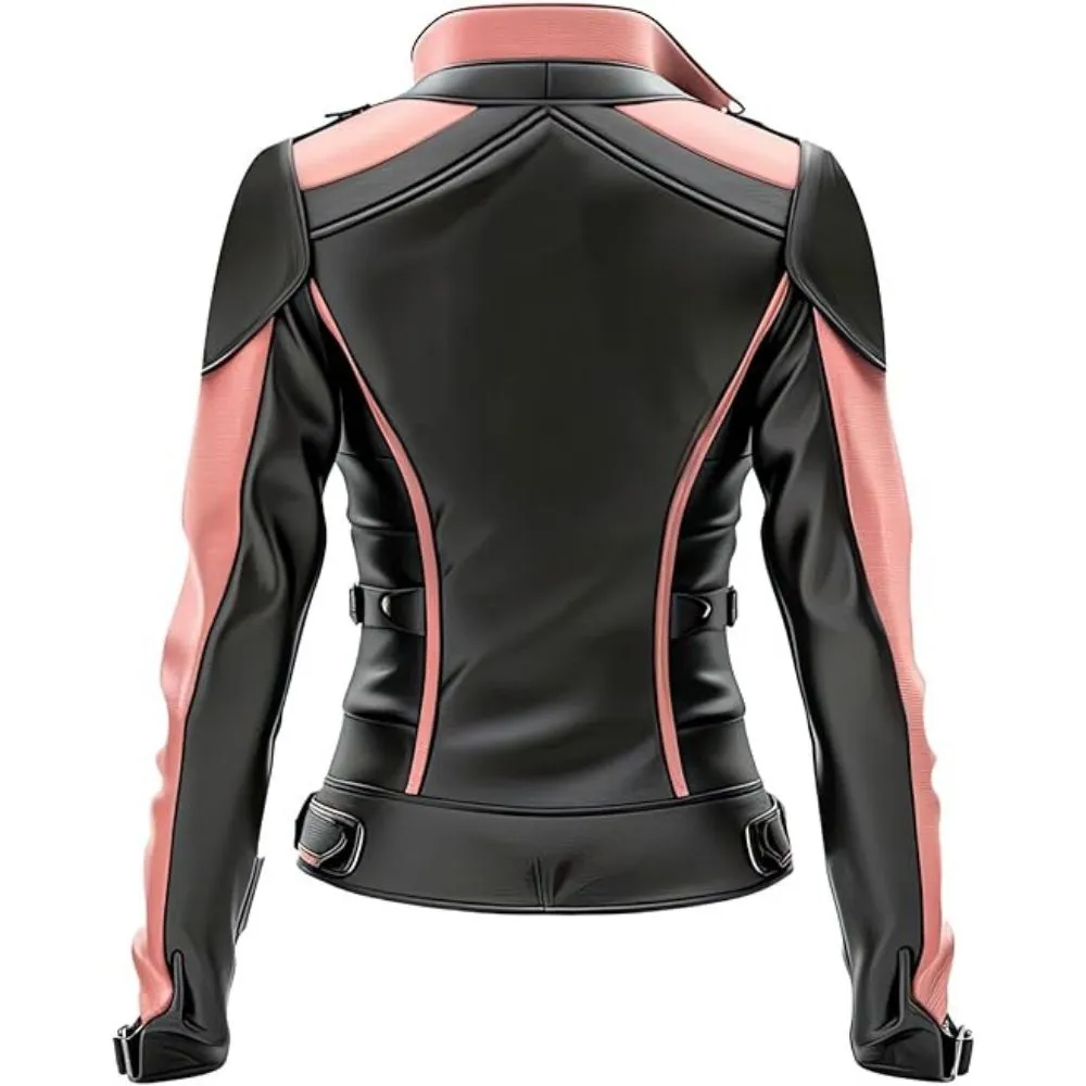 Women's Pink-Black Paneled Genuine Sheepskin Biker Leather Jacket