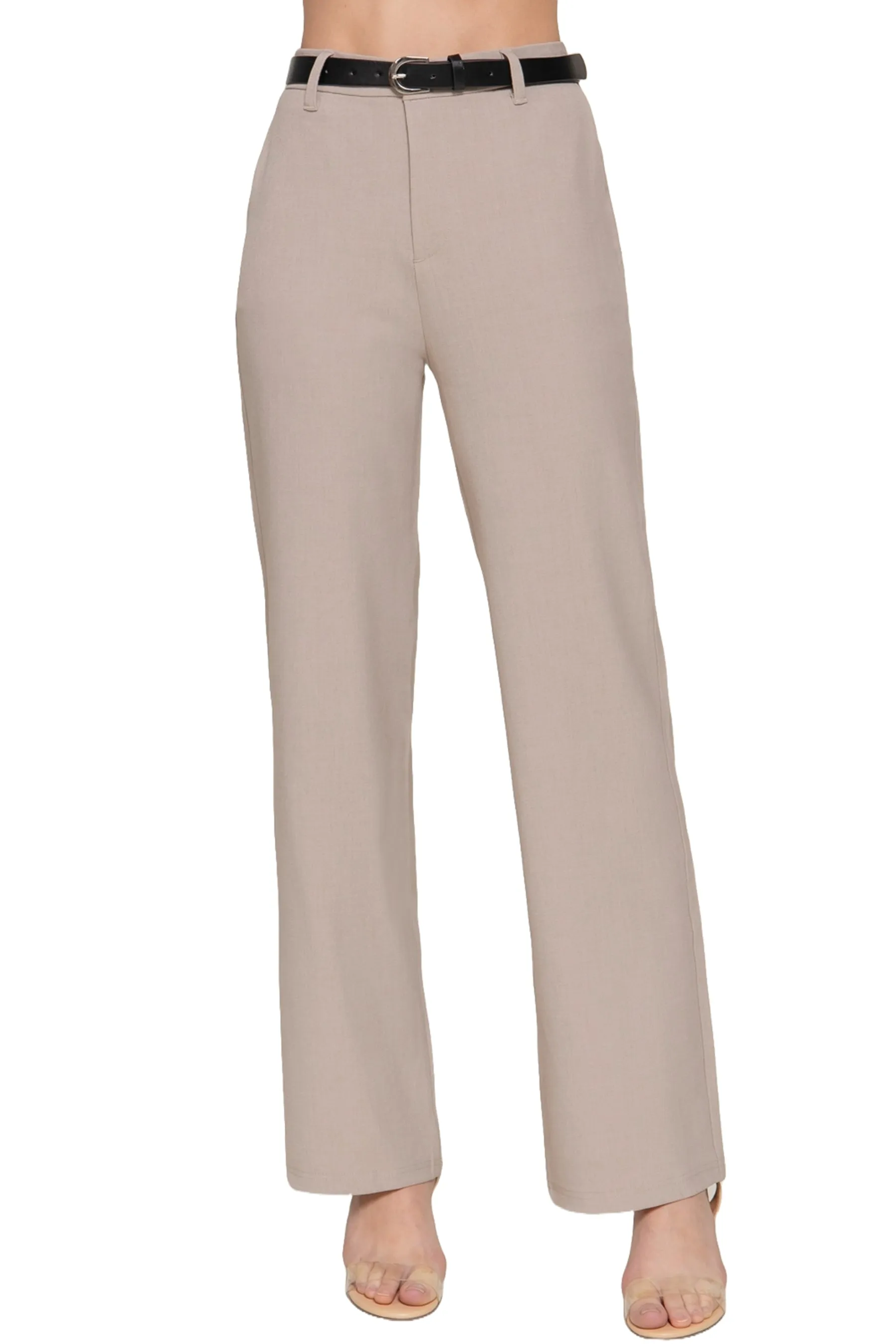 Women's Semi Flare Pants with Faux Leather Belt Two-Tone Woven Fabric