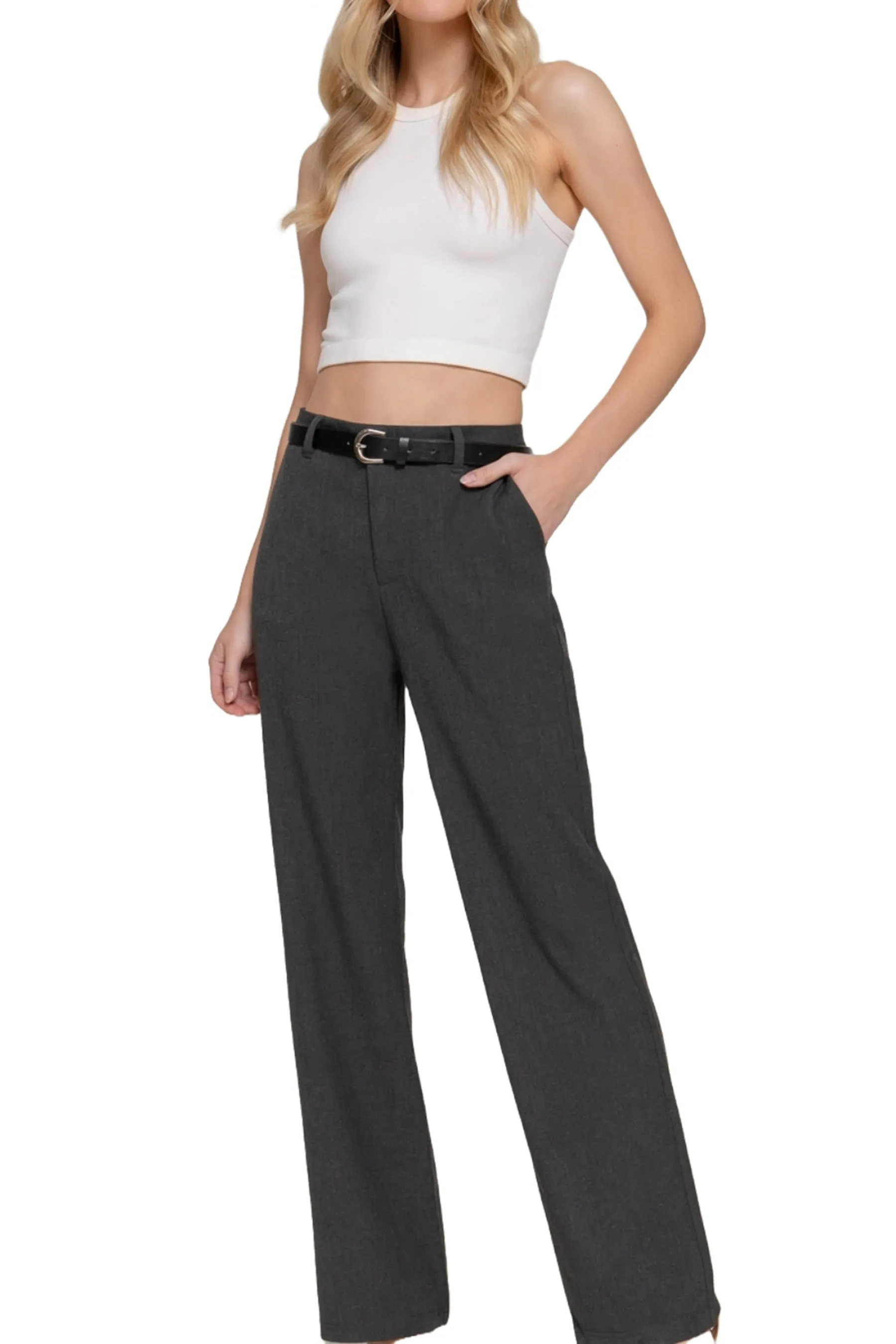 Women's Semi Flare Pants with Faux Leather Belt Two-Tone Woven Fabric