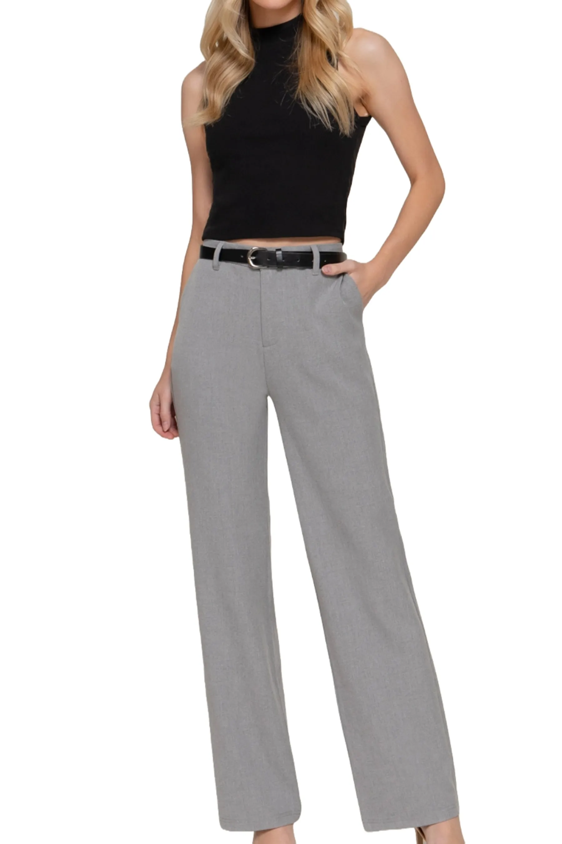 Women's Semi Flare Pants with Faux Leather Belt Two-Tone Woven Fabric