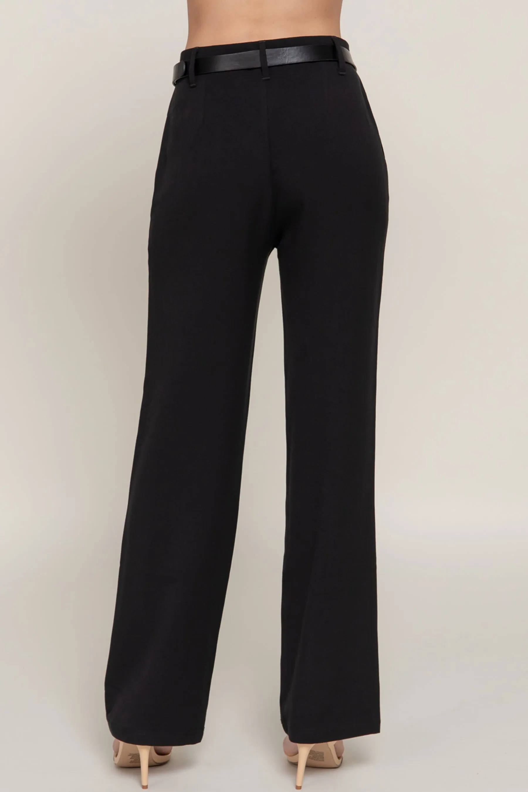 Women's Semi Flare Pants with Faux Leather Belt Two-Tone Woven Fabric