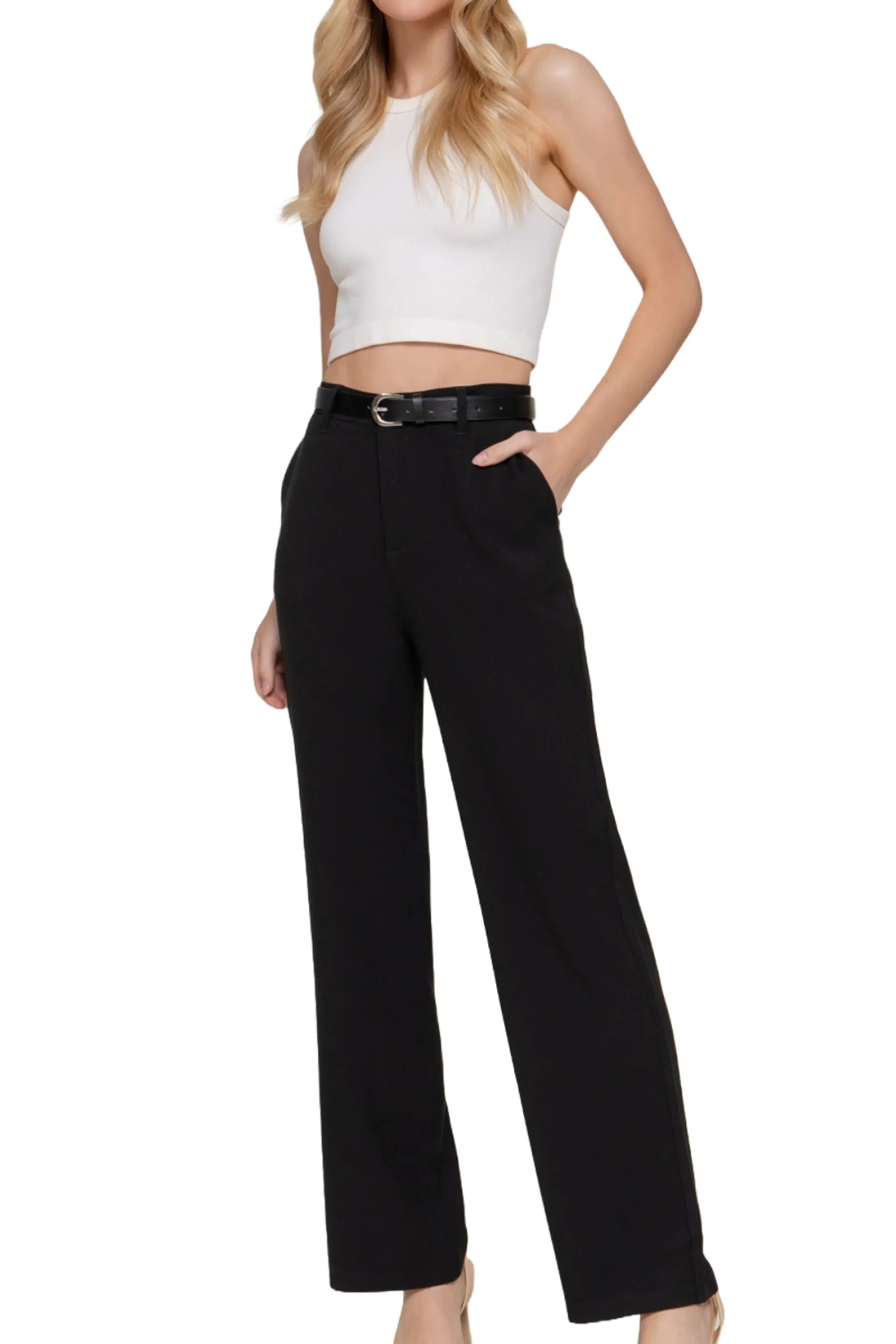 Women's Semi Flare Pants with Faux Leather Belt Two-Tone Woven Fabric