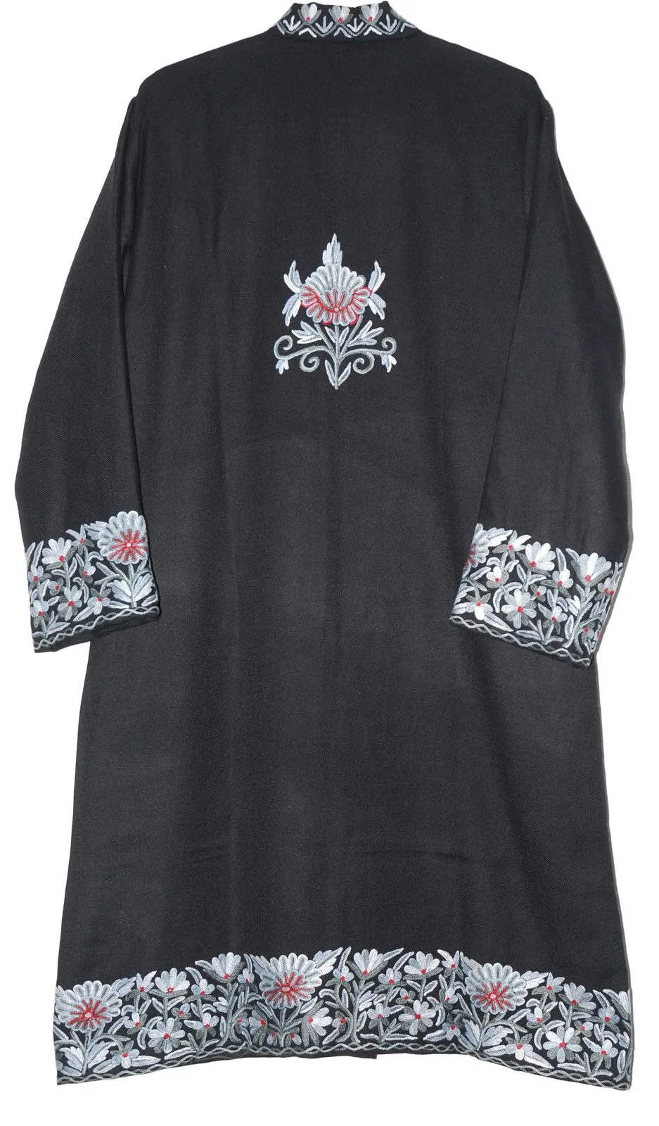 Woolen Coat Long Jacket Black, Red and Grey Embroidery #BD-106