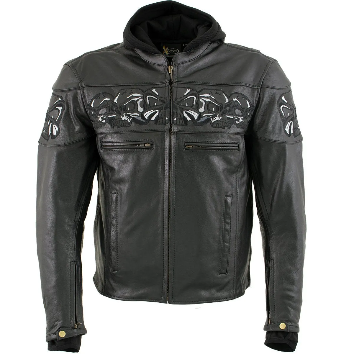 Xelement XS1504 Men's ‘Futile’ Black Leather CE Armored Motorcycle Hooded Jacket with Reflective Skulls