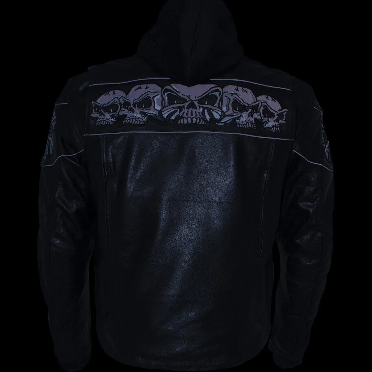 Xelement XS1504 Men's ‘Futile’ Black Leather CE Armored Motorcycle Hooded Jacket with Reflective Skulls