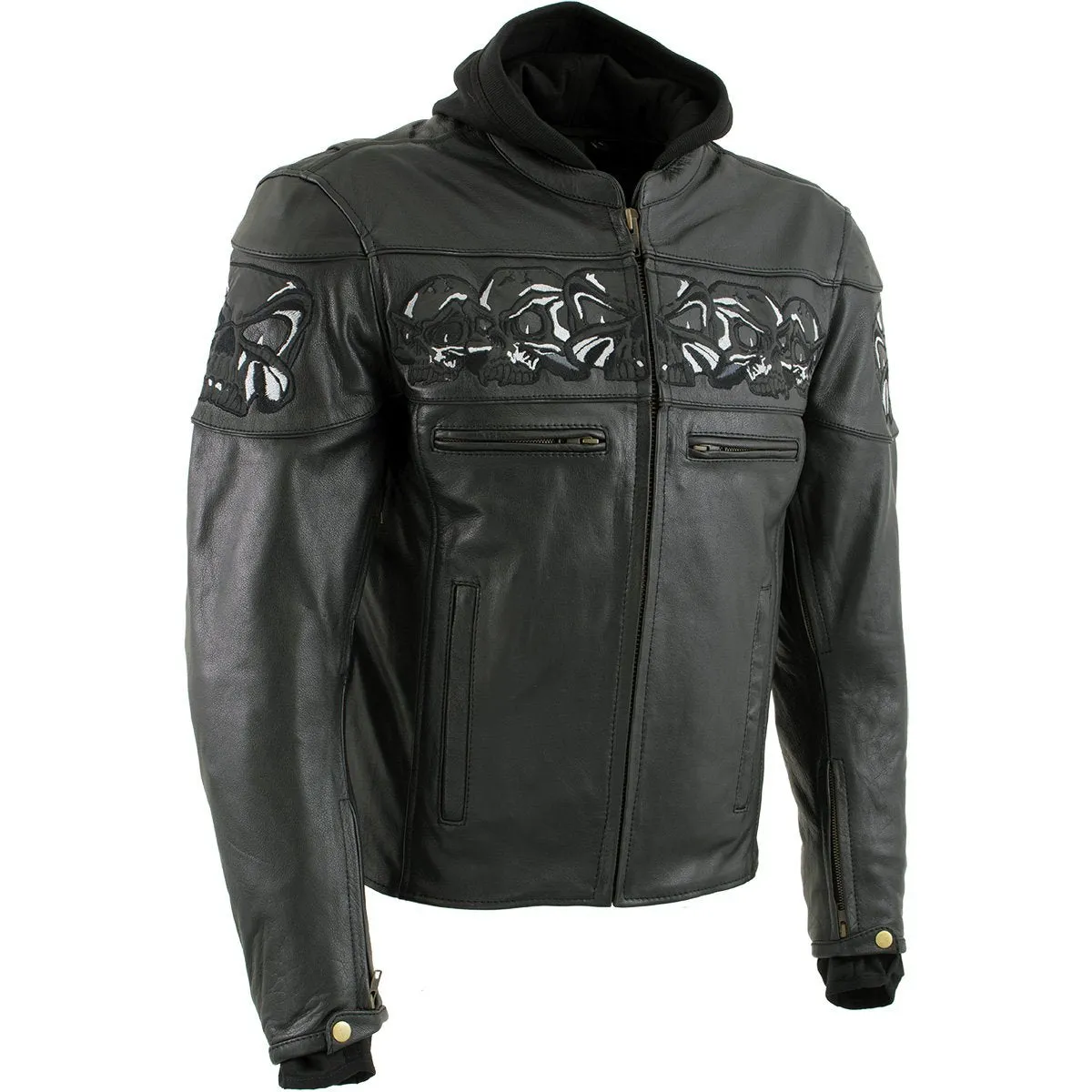 Xelement XS1504 Men's ‘Futile’ Black Leather CE Armored Motorcycle Hooded Jacket with Reflective Skulls