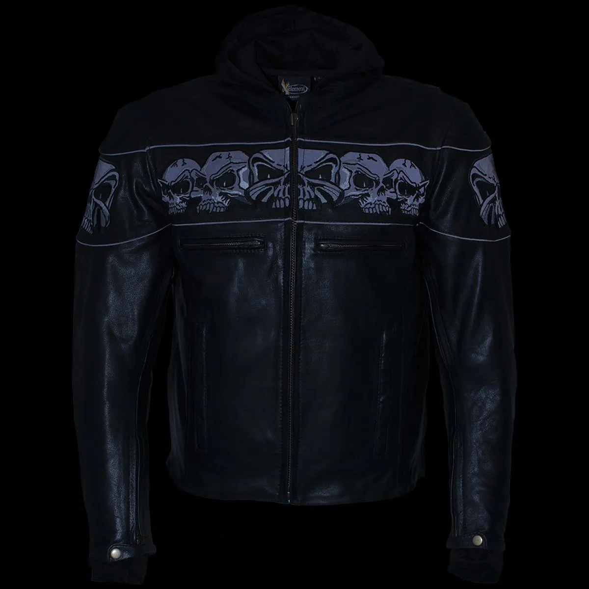 Xelement XS1504 Men's ‘Futile’ Black Leather CE Armored Motorcycle Hooded Jacket with Reflective Skulls