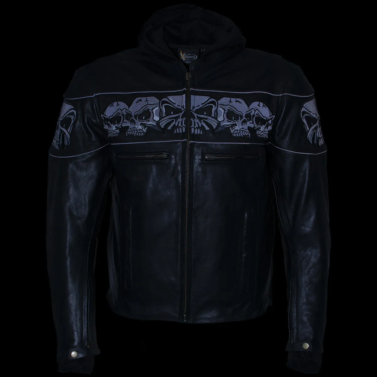 Xelement XS1504 Men's ‘Futile’ Black Leather CE Armored Motorcycle Hooded Jacket with Reflective Skulls