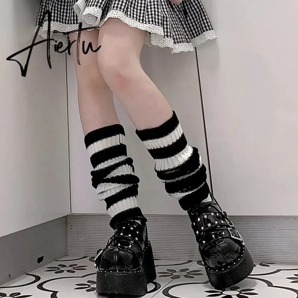 Y2k Goth Lolita Leg Striped Warmers Japanese Women Gothic Long Socks  Gaiters Knee Winter Knitted Cuffs Ankle Warmer