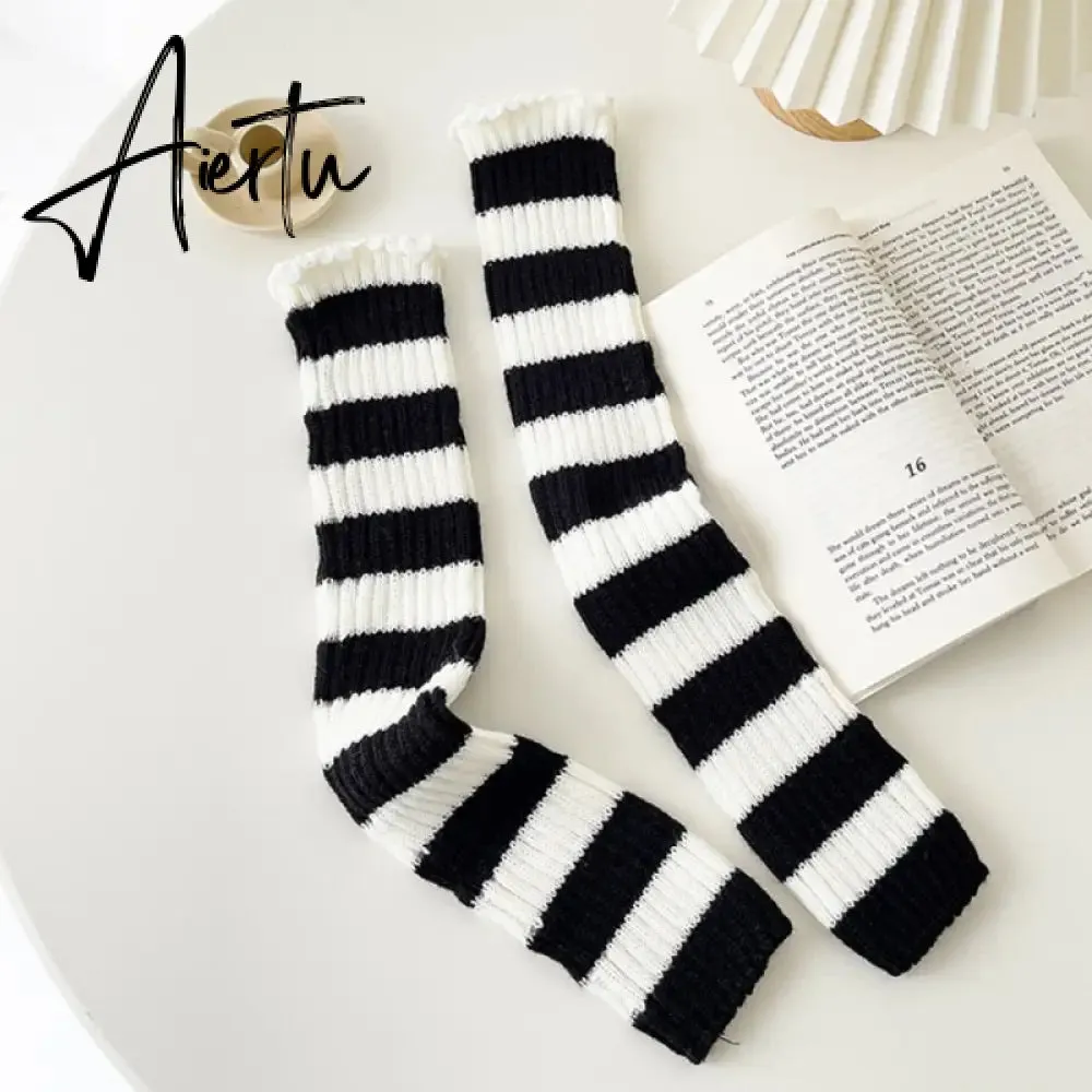 Y2k Goth Lolita Leg Striped Warmers Japanese Women Gothic Long Socks  Gaiters Knee Winter Knitted Cuffs Ankle Warmer