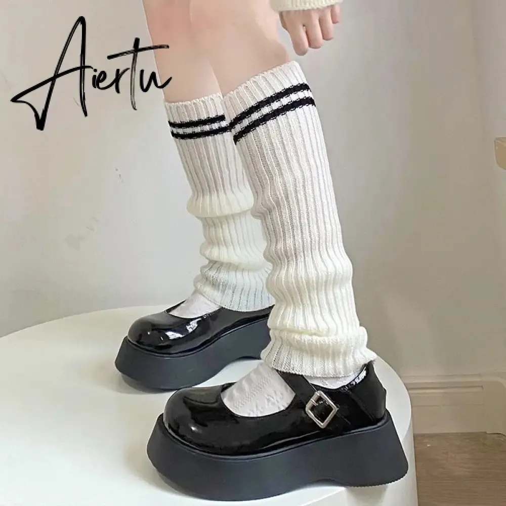 Y2k Goth Lolita Leg Striped Warmers Japanese Women Gothic Long Socks  Gaiters Knee Winter Knitted Cuffs Ankle Warmer