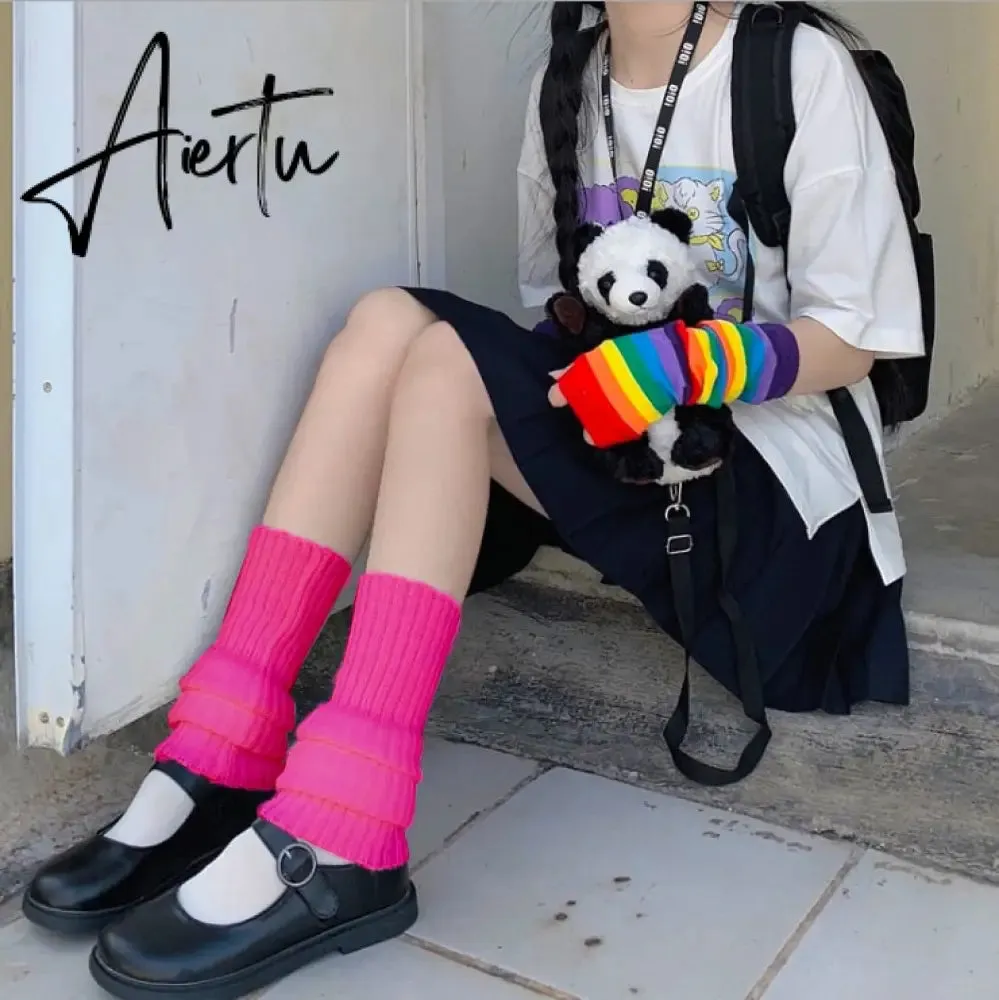 Y2k Goth Lolita Leg Striped Warmers Japanese Women Gothic Long Socks  Gaiters Knee Winter Knitted Cuffs Ankle Warmer