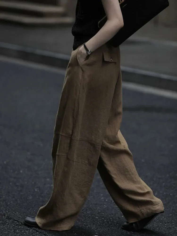 YESMYTOOL  -   Khaki Linen Cotton Pants Women Vintage Oversize Streetwear Wide Leg Summer Trousers Office Ladies High Waist Bottoms New